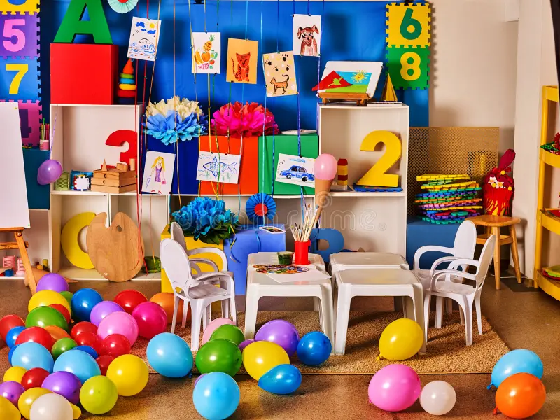 kindergarten-interior-decoration-child-picture-wall-preschool-class-waiting-kids-colour-balloons-floor-playroom-white-86700529